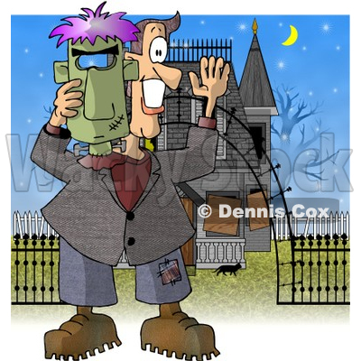 Smiling Man Holding a Halloween Frankenstein Mask In Front of a Haunted House Clipart Illustration © djart #5717
