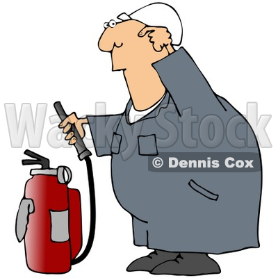 Royalty-Free (RF) Clipart Illustration of an Industrial Worker Trying To Use A Fire Extinguisher © djart #59732