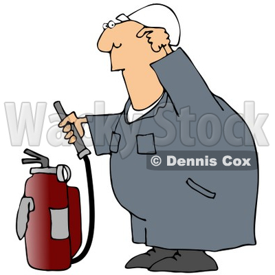 Royalty-Free (RF) Clipart Illustration of an Industrial Worker Trying To Figure How To Use A Fire Extinguisher © djart #59734