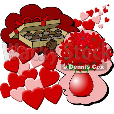 Box of Chocolate Candies and a Vase of Red Flowers With Hearts for Valentines Day Gifts Clipart © djart #6114