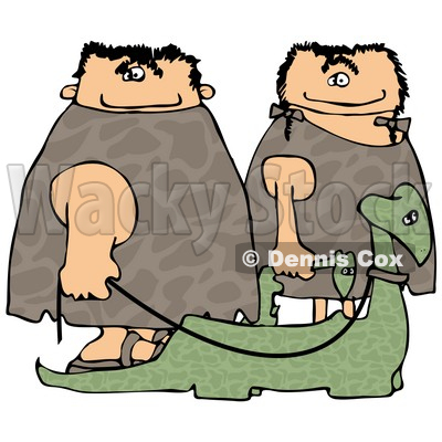 Caveman and Cavewoman Walking Their Pet Dinosaurs Clipart Picture © djart #6168