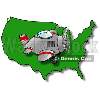 Royalty-Free (RF) Clipart Illustration of a Plane Flying Right Over A Green USA Map © djart #62944