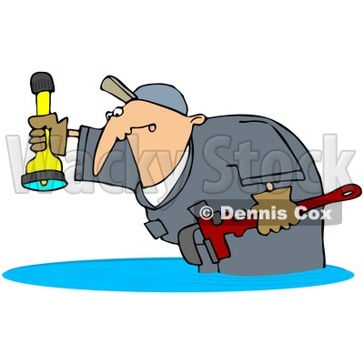 Royalty-Free (RF) Clipart Illustration of a Plumber Man Standing In A Puddle Of Water Backup, Holding A Wrench And Shining A Flashlight © djart #78313