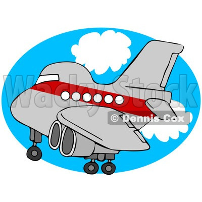 Royalty-Free (RF) Clipart Illustration of a Red And Gray Airplane Over An Oval Of Blue Sky With Clouds © djart #93117