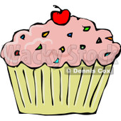 Royalty-Free (RF) Clipart Illustration of a Strawberry Frosted Cupcake With Sprinkles And A Cherry © djart #101274