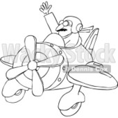 Royalty-Free Vector Clip Art Illustration of a Coloring Page Outline Of A Waving Pilot Flying His Plane © djart #1056419