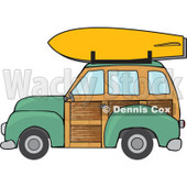 Clipart Green Woodie Station Wagon With A Surfboard On Top - Royalty Free Vector Illustration © djart #1095768