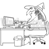 Cartoon Of An Outlined Halloween Vampire Using A Computer At An Office Desk - Royalty Free Vector Clipart © djart #1118152
