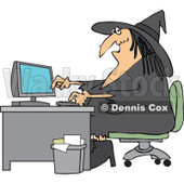 Cartoon Of A Halloween Vampire Using A Computer At An Office Desk - Royalty Free Vector Clipart © djart #1118153