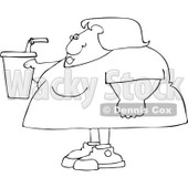 Cartoon Of An Outlined Obese Woman Holding A Fountain Soda - Royalty Free Vector Clipart © djart #1121977