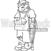 Cartoon Of An Outlined Injured Boy With A Crutch And Sling - Royalty Free Vector Clipart © djart #1131114