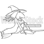 Cartoon of an Outlined Witch Flying on a Broomstick - Royalty Free Vector Illustration © djart #1151806