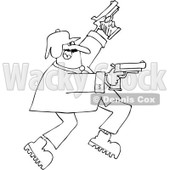 Cartoon of an Outlined Man Running and Shooting Two Pistols - Royalty Free Vector Clipart © djart #1160958