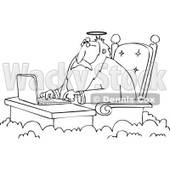 Cartoon of an Outlined Jesus Working on a Laptop at a Desk in Heaven - Royalty Free Vector Clipart © djart #1164206