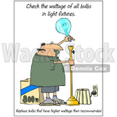 Cartoon of a Man Changing a Light Bulb with Check Wattage Text - Royalty Free Clipart © djart #1172270