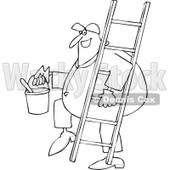 Cartoon of an Outlined Happy Painter Worker Carrying a Ladder and Bucket - Royalty Free Vector Clipart © djart #1177329