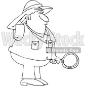 Cartoon of an Outlined Safari Man Holding a Magnifying Glass - Royalty Free Vector Clipart © djart #1177990