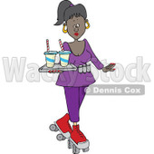 Cartoon of a Pretty Black Roller Skating Carhop Waitress with Drinks on a Tray - Royalty Free Vector Clipart © djart #1182612