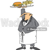 Cartoon of a Male Waiter Serving a Gourmet Cheeseburger and Fries - Royalty Free Vector Clipart © djart #1184722
