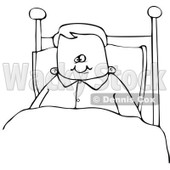Cartoon of an Outlined Boy Sitting up in Bed - Royalty Free Vector Clipart © djart #1189987