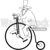 Cartoon of an Outlined Man Wearing a Top Hat and Riding a Penny Farthing Bicycle - Royalty Free Vector Clipart © djart #1197987