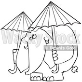 Cartoon of an Outlined Elephant with Two Umbrellas - Royalty Free Vector Clipart © djart #1199638