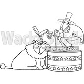 Cartoon of an Outlined Circus Tamer Holding a Chair and Whip over a Lion - Royalty Free Vector Clipart © djart #1201665