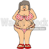 Cartoon of a Chubby Woman in a Polka Dot Bikini, Squeezing Her Belly Fat - Royalty Free Vector Clipart © djart #1201675