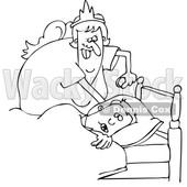 Cartoon of an Outlined Chubby Tooth Fairy Putting a Coin Under a Boys Pillow - Royalty Free Vector Clipart © djart #1203367