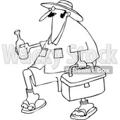 Cartoon of an Outlined Panama Joe Man Carrying a Cooler and Beer - Royalty Free Vector Clipart © djart #1204231