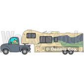Cartoon of a Man Driving a Pickup Truck and Hauling a Camper Fifth Wheel Trailer - Royalty Free Vector Clipart © djart #1206733