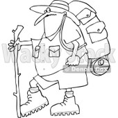 Cartoon of an Outlined Chubby Man in Hiking Gear, Holding a Stick - Royalty Free Vector Clipart © djart #1212921