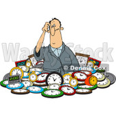 Clipart of a Confused White Man in a Pile of Clocks - Royalty Free Vector Illustration © djart #1218191