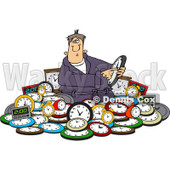 Clipart of a Man Adjusting Time in a Pile of Clocks - Royalty Free Vector Illustration © djart #1218192