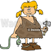 Clipart of a Cave Girl Holding a Snake and Hammer - Royalty Free Vector Illustration © djart #1225225