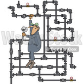 Clipart of a White Man Plumber Hanging from a Pipe Maze - Royalty Free Vector Illustration © djart #1230195