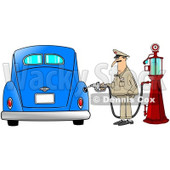 Clipart of a Male Attendant Pumping an Antique Blue Car with an Old Fashioned Gas Pump - Royalty Free Illustration © djart #1230501