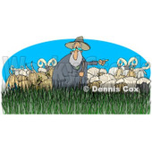 Clipart of a Pointing Shepherd in Tall Grass with Sheep Rams - Royalty Free Illustration © djart #1235310