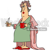Clipart of a Fat Caucasian Woman in Curlers and a Robe, Smoking a Cigarette and Holding Coffee - Royalty Free Vector Illustration © djart #1237639