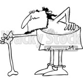 Clipart of a Black and White Caveman with a Bad Back, Bending over onto a Bone Cane - Royalty Free Vector Illustration © djart #1253948