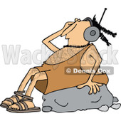 Clipart of a Caveman Wearing Headphones and Listeing to Music on a Rock - Royalty Free Vector Illustration © djart #1254840