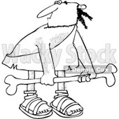 Clipart of a Black and White Hairy Caveman Carrying a Big Bone - Royalty Free Vector Illustration © djart #1255028