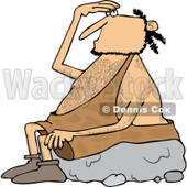 Clipart of a Caveman Sitting on a Boulder and Looking up - Royalty Free Vector Illustration © djart #1256074