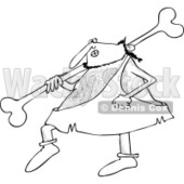 Clipart of a Black and White Hairy Caveman Walking and Carrying a Large Bone over His Shoulder - Royalty Free Vector Illustration © djart #1257388