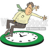Clipart of a Caucasian Businessman Falling Back on a Green Wall Clock - Royalty Free Vector Illustration © djart #1269080