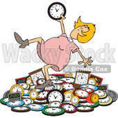 Clipart of a Caucasian Blond Woman Falling Back on a Pile of Clocks - Royalty Free Vector Illustration © djart #1269082