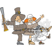 Clipart of a Thanksgiving Turkey Bird and Pilgrim Couple Dancing the Can Can - Royalty Free Vector Illustration © djart #1269329