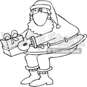 Clipart of a Black and White Santa Wearing a Mask and Holding a Christmas Gift - Royalty Free Vector Illustration © djart #1278090