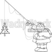 Cartoon Clipart of a Black and White Chubby Santa Holding a Christmas Tree on a Fishing Hook - Royalty Free Vector Illustration © djart #1281215