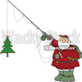 Cartoon Clipart of a Chubby Santa Holding a Christmas Tree on a Fishing Hook - Royalty Free Vector Illustration © djart #1281219